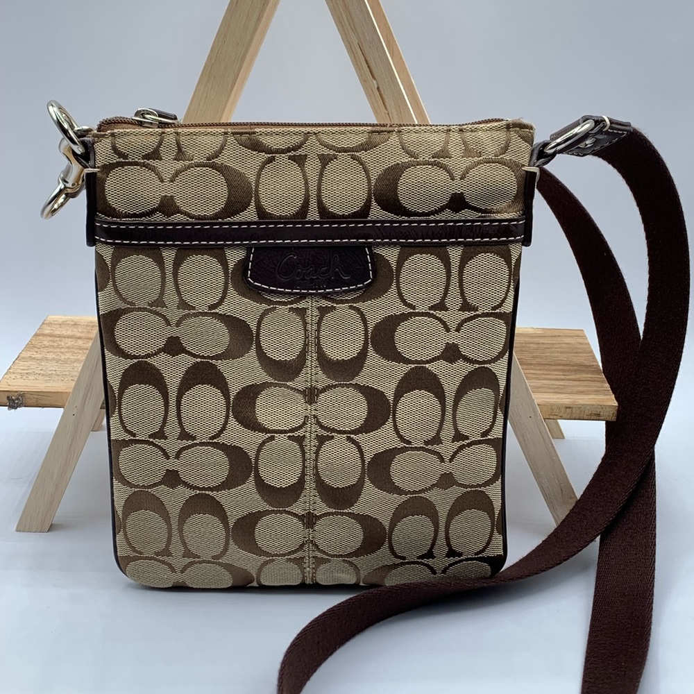 Coach Signature Print Taupe & Brown Adjustable Crossbody Bag
